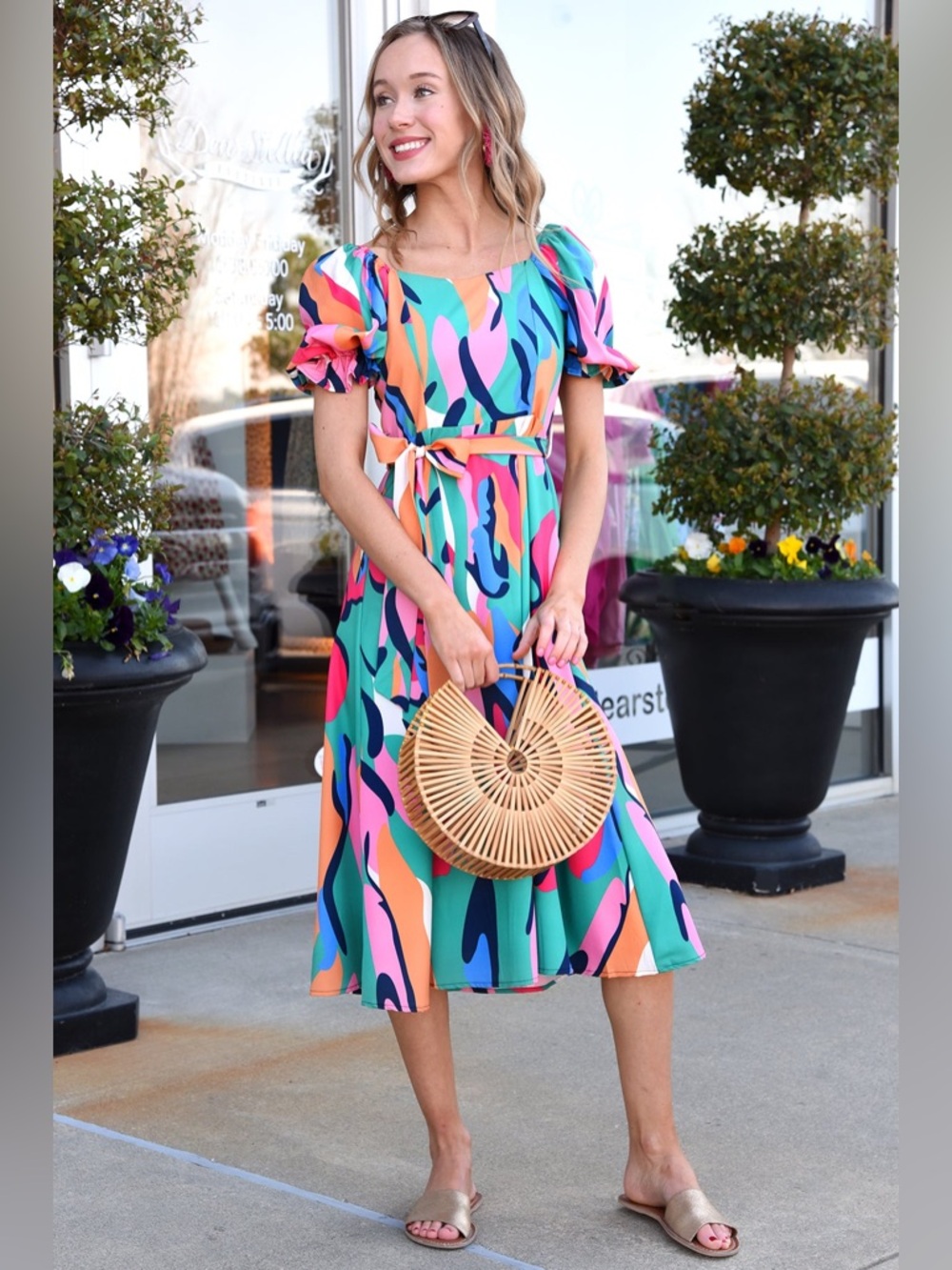 Sunday Up Multicolor Abstract Midi Dress Size Large Puff Sleeve Summer Tea Dress